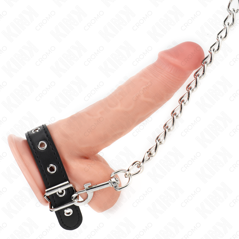 KINK – LEATHER PENIS RING WITH STRAP 21.5 X 2 CM AND METAL CHAIN 60 CM