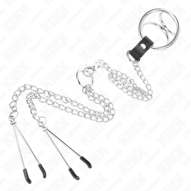 KINK - TRIPLE CHROME METAL PENIS RING 3 CM TO 4.5 CM WITH 26 CM METAL CHAIN AND NIPPLE CLIPS - Image 4