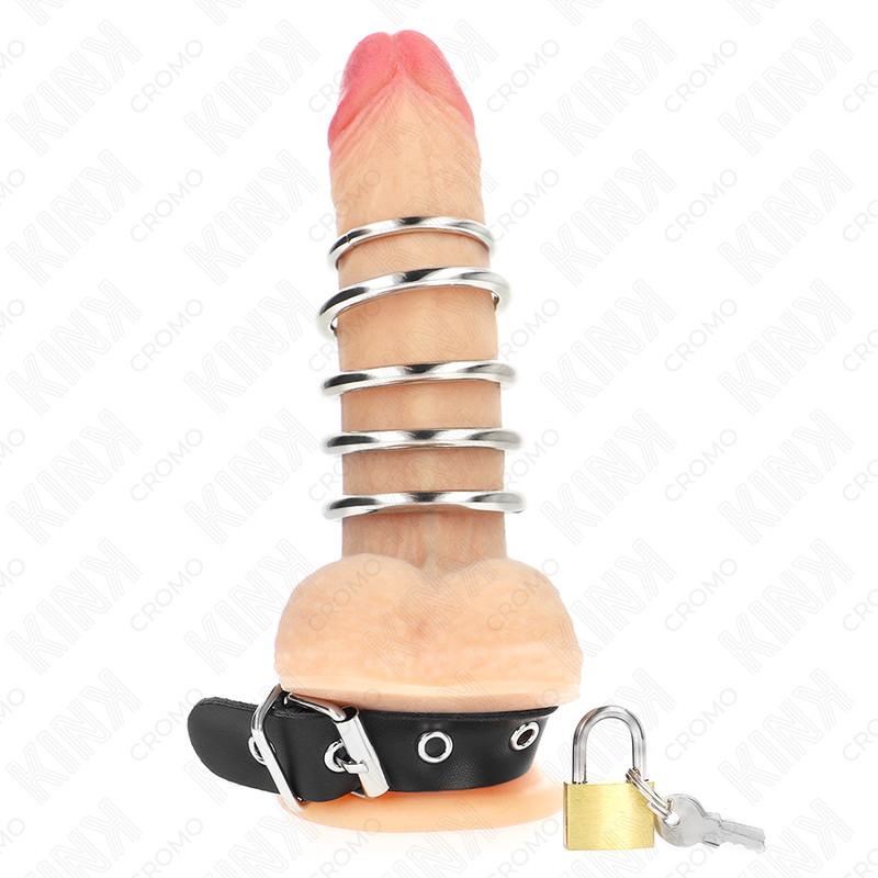 KINK – LEATHER PENIS RING WITH LOCK STRAP 21 X 2 CM AND 5 METAL RINGS FROM 3 CM TO 4 CM