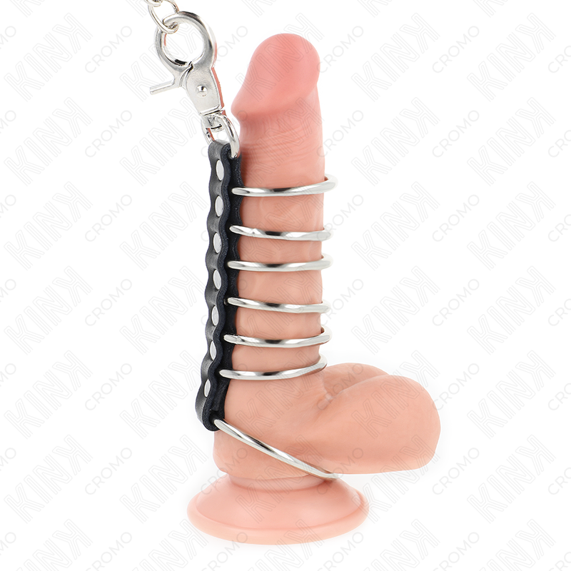 KINK – 7 METAL PENIS RINGS 3.8 CM TO 5 CM CONNECTED WITH LEATHER AND METAL CHAIN 100 CM