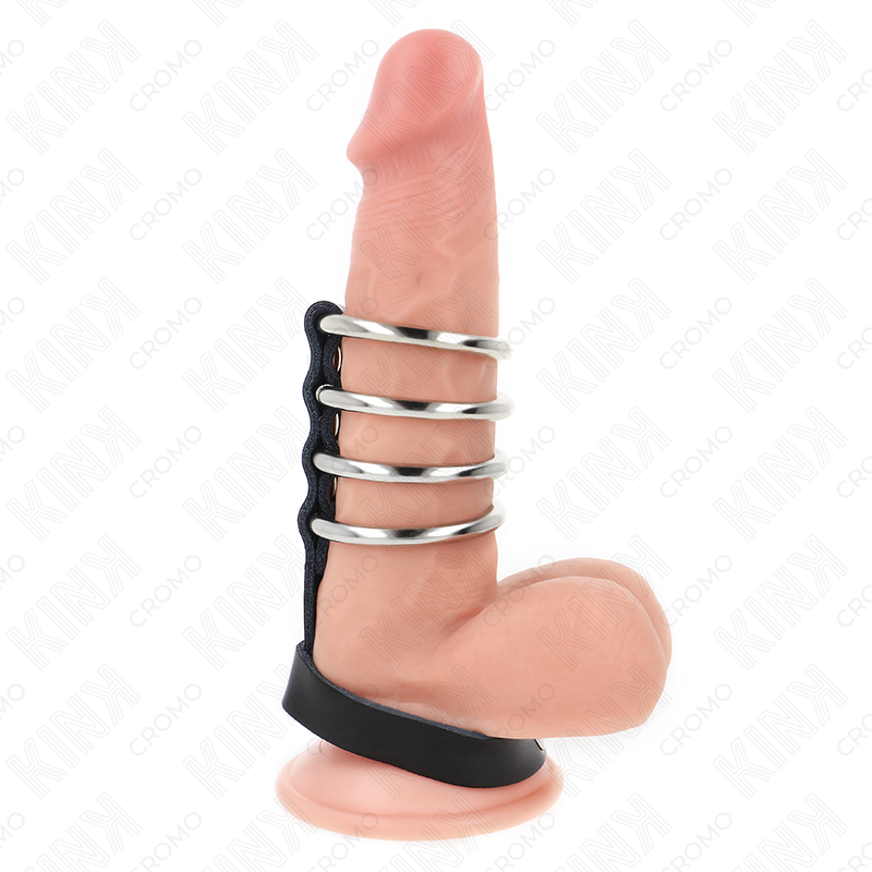 KINK – 4 METAL PENIS RINGS 3.8 CM CONNECTED WITH LEATHER STRAP 22 X 1.5 CM AND PRESSURE CLOSURE