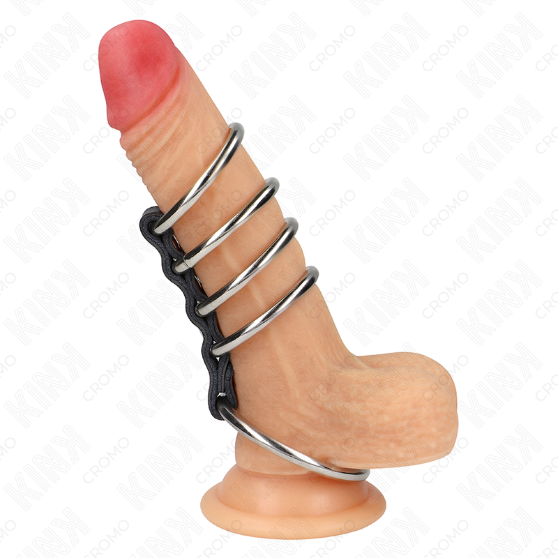 KINK – 5 PENIS RINGS 3.7 CM TO 5 CM METAL CONNECTED BY LEATHER