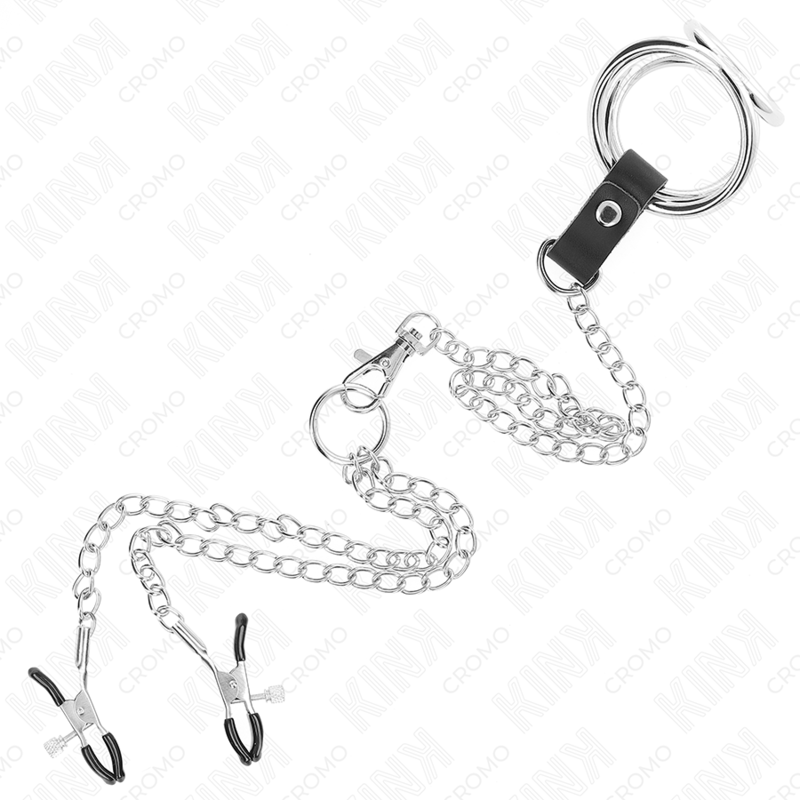 KINK - TRIPLE CHROME METAL PENIS RING 3 CM TO 4.5 CM WITH 26 CM METAL CHAIN AND NIPPLE CLIPS - Image 5