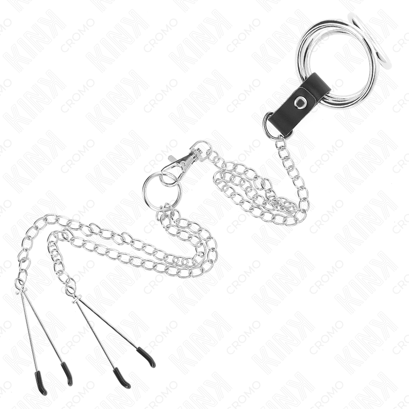 KINK - TRIPLE CHROME METAL PENIS RING 3.8 CM TO 5 CM WITH 26 CM METAL CHAIN AND NIPPLE CLAMPS MODEL 2 - Image 5