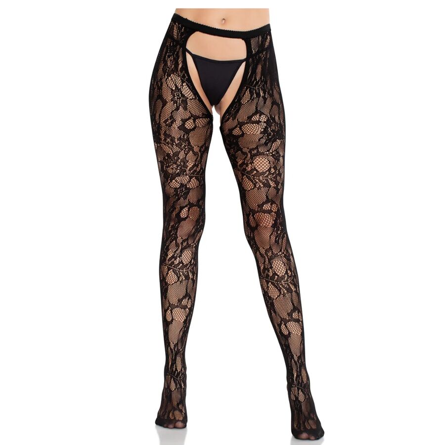 LEG AVENUE – ROSE LACE STOCKINGS WITH OPEN BACK BLACK