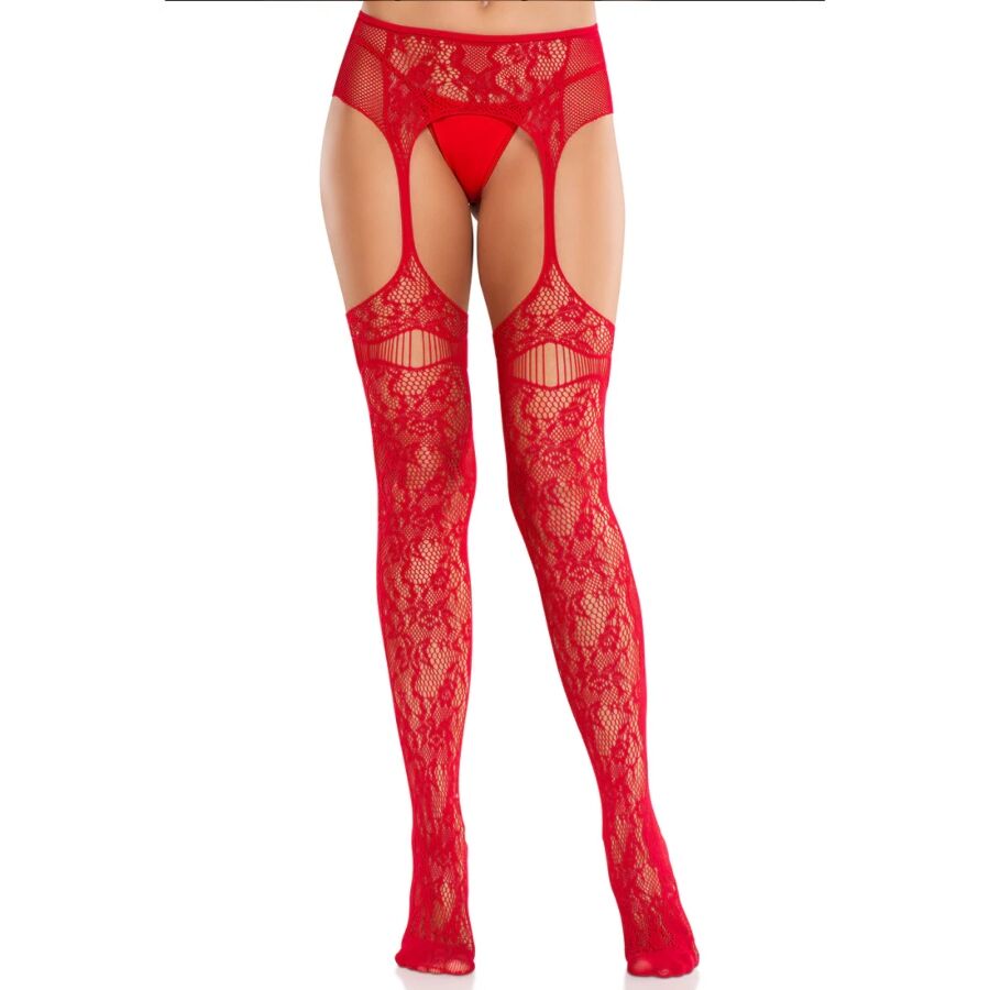 LEG AVENUE – LACE STOCKINGS WITH GARTERS RED