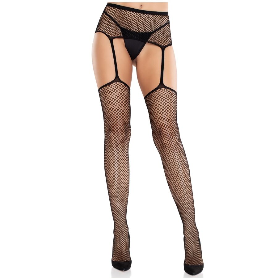 LEG AVENUE – LACE STOCKINGS WITH CROSS AND GARTER BELT BLACK
