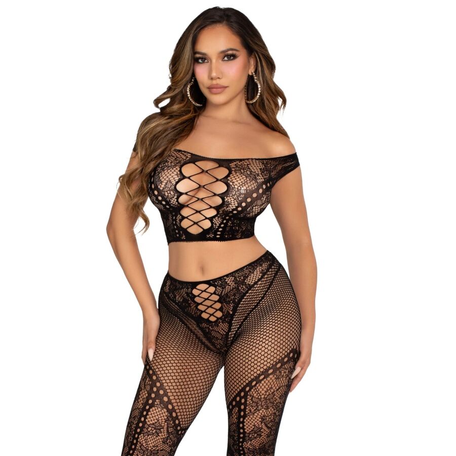 LEG AVENUE – CROP TOP AND FISHNET LEGGING WITH BARE SHOULDERS BLACK