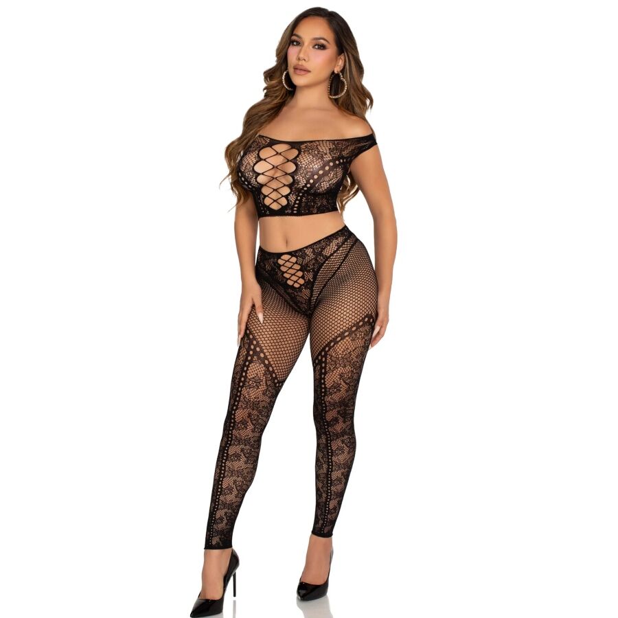 LEG AVENUE – CROP TOP AND FISHNET LEGGING WITH BARE SHOULDERS BLACK