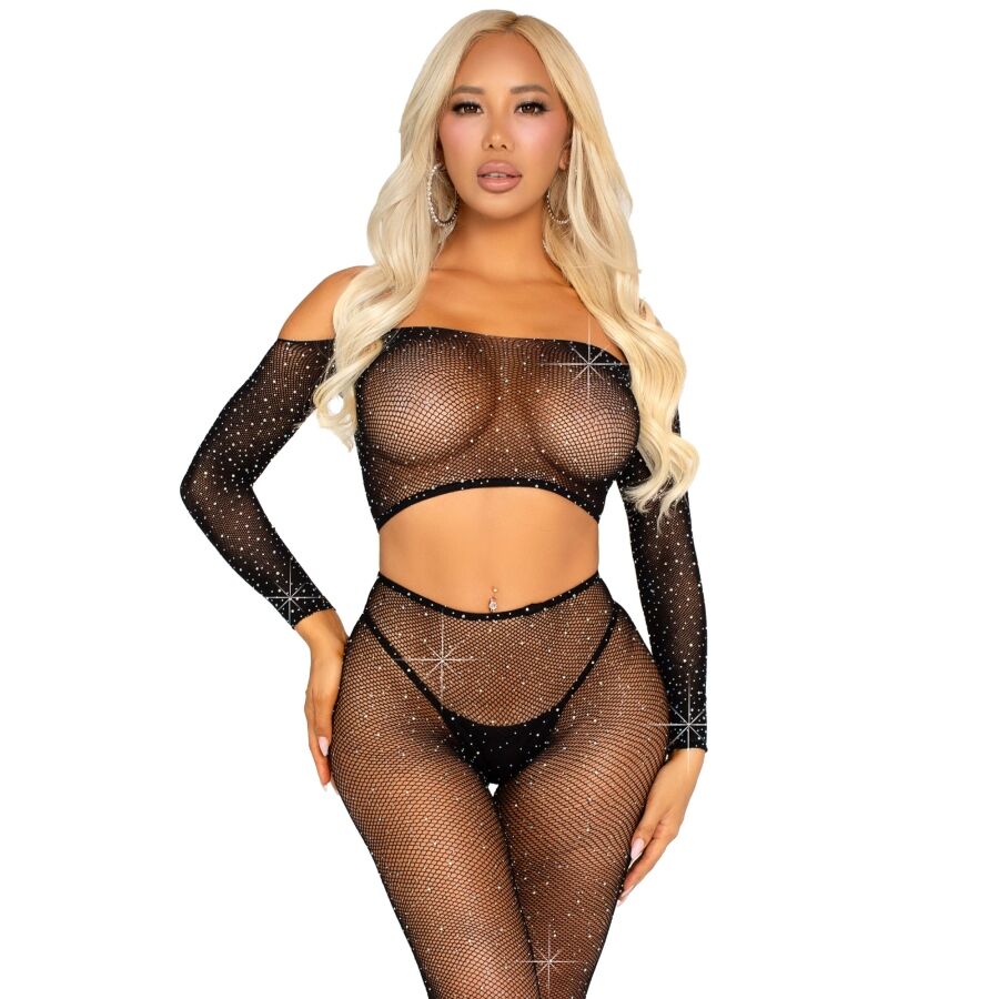LEG AVENUE – CROP TOP AND FISHNET LEGGING WITH RHINESTONES BLACK