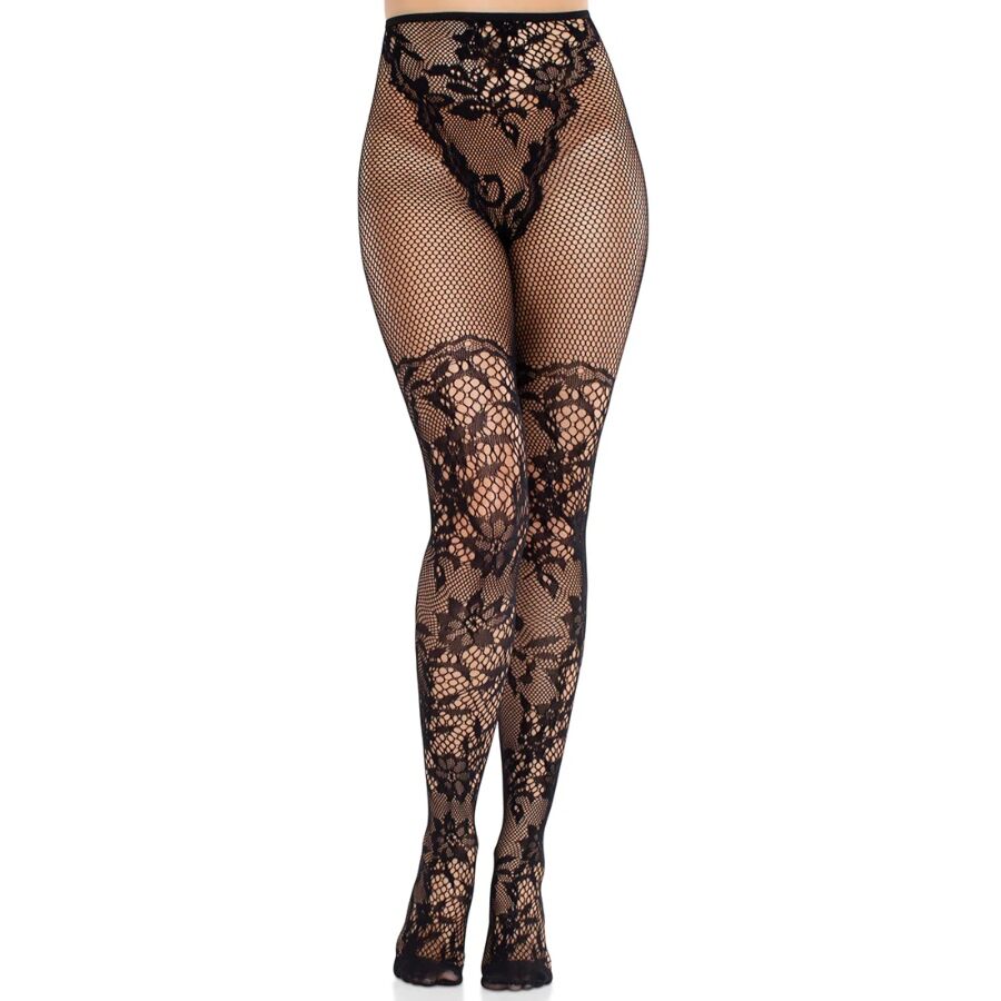 LEG AVENUE – DAHLIA LACE STOCKINGS WITH NET DETAIL BLACK