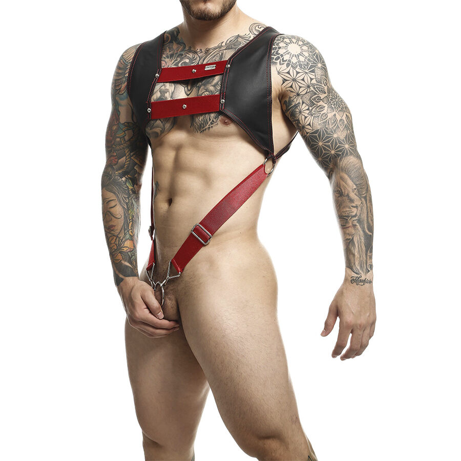 MOB – DNGEON HARNESS WITH RED PENIS RING ONE SIZE