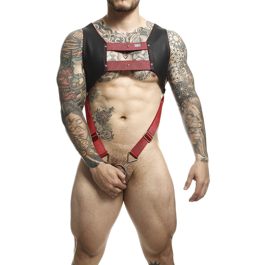 MOB – DNGEON HARNESS WITH RED PENIS RING ONE SIZE