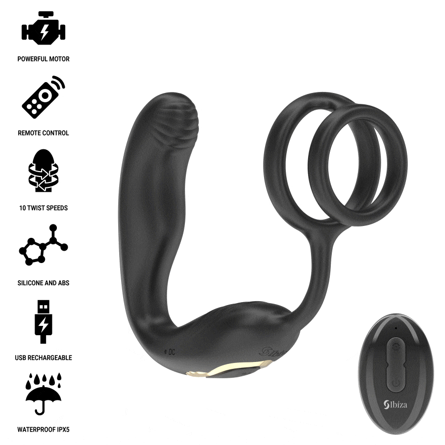 IBIZA – WIGGLE REMOTE CONTROLLED ROTATING ANAL PLUG WITH PERINEAL VIBRATION AND PENIS ENHANCING RINGS