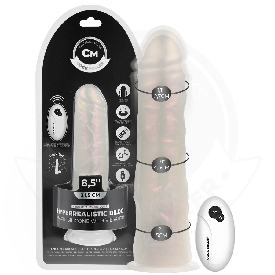 COCK MILLER – DILDO WITH SUCTION CUP, LIGHTS AND VIBRATION WITH REMOTE CONTROL WHITE 21.5 CM
