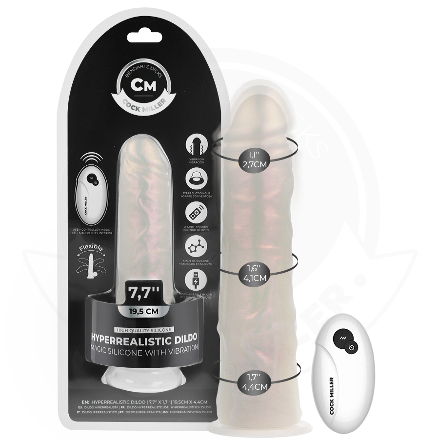 COCK MILLER – DILDO WITH SUCTION CUP, LIGHTS AND VIBRATION WITH REMOTE CONTROL WHITE 19.5 CM