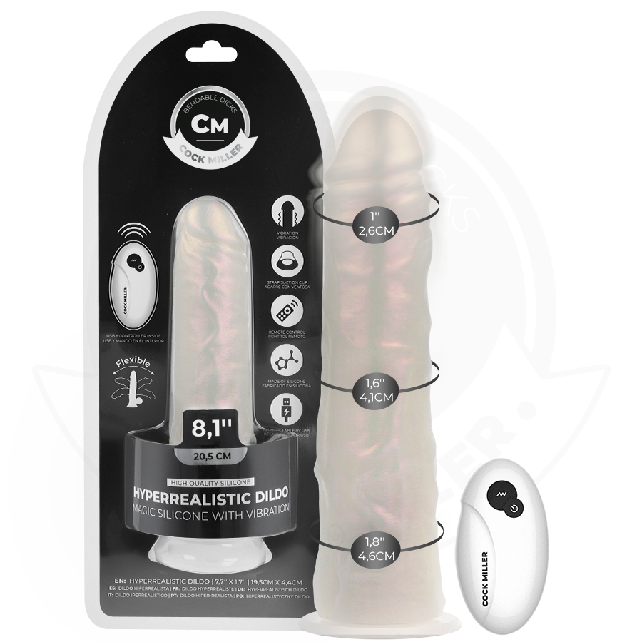 COCK MILLER – DILDO WITH SUCTION CUP, LIGHTS AND VIBRATION WITH REMOTE CONTROL WHITE 20.5 CM