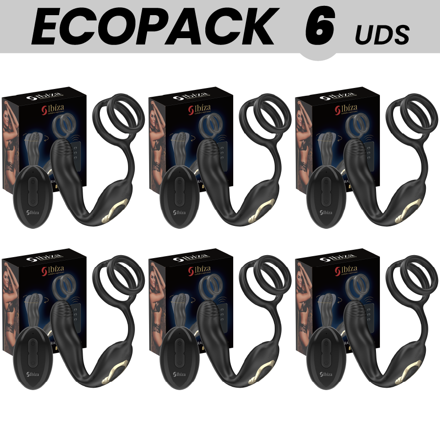 ECOPACKS 6 UNITS – IBIZA WIGGLE REMOTE CONTROLLED ROTATING ANAL PLUG WITH PERINEAL VIBRATION AND PENIS ENHANCING RINGS