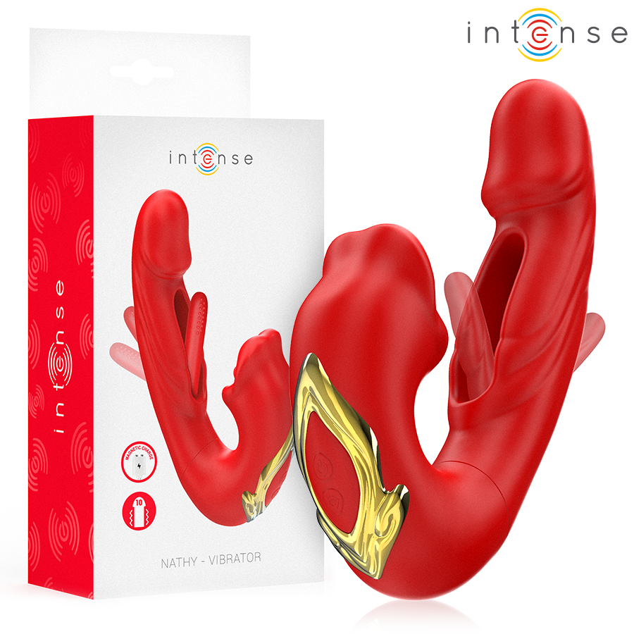 INTENSE – NATHY DOUBLE VIBRATOR WITH MULTIFUNCTION STIMULATING MOUTH RED