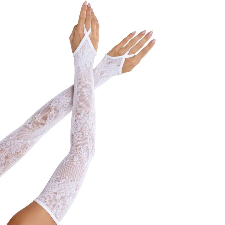 LEG AVENUE – EXTRA LONG FLORAL LACE ARM WARMER GLOVES WHITE