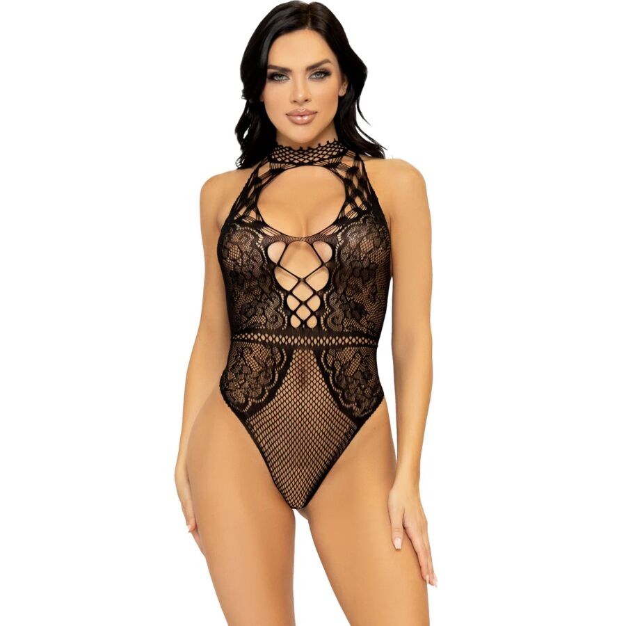 LEG AVENUE – NET AND LACE KEYHOLE HALTER BODYSUIT ONE SIZE