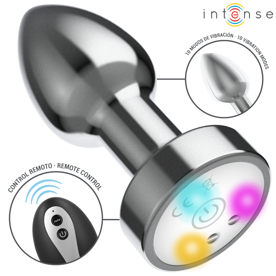 INTENSE – VIBRATING METAL ANAL PLUG WITH LED LIGHTS AND REMOTE CONTROL – SIZE M