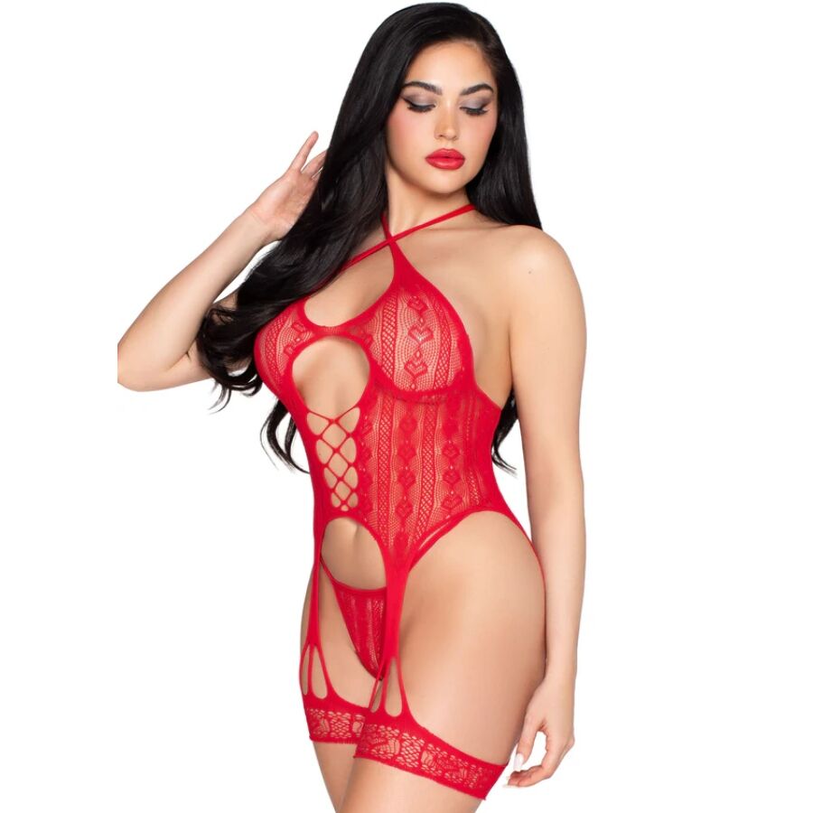 LEG AVENUE – 89338 LACE OPEN BODYSUIT WITH GARTER BELT + THONG RED – ONE SIZE