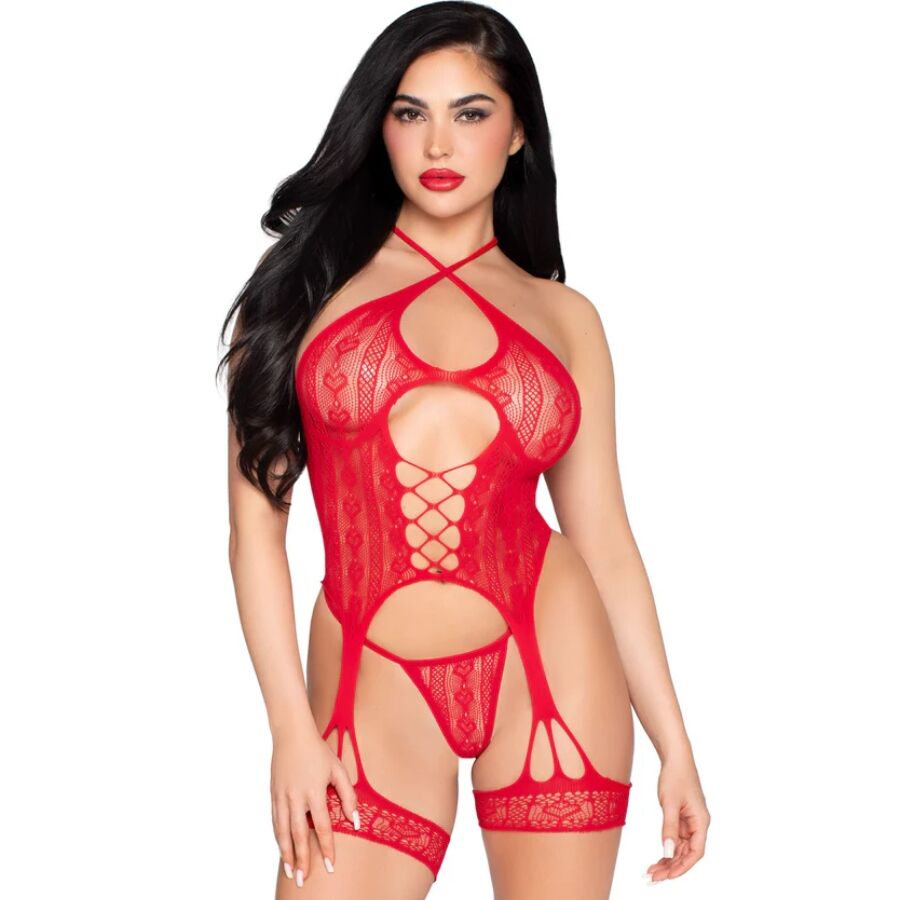 LEG AVENUE – 89338 LACE OPEN BODYSUIT WITH GARTER BELT + THONG RED – ONE SIZE