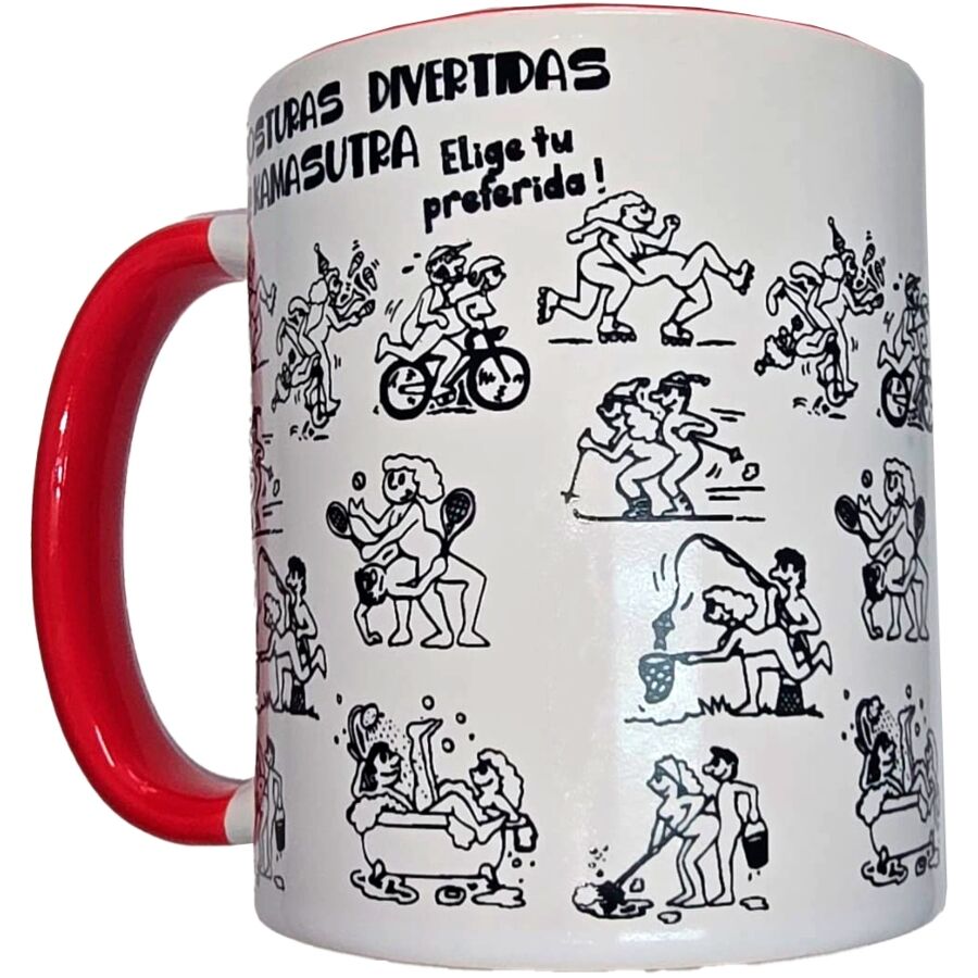 DIABLO PICANTE – WHITE KAMASUTRA POSITIONS MUG WITH RED HANDLE 370 ML