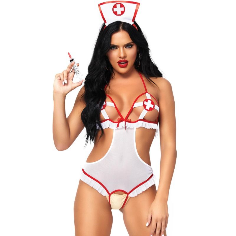 LEG AVENUE – NURSE OPEN CROTHLESS TEDDY ONE SIZE