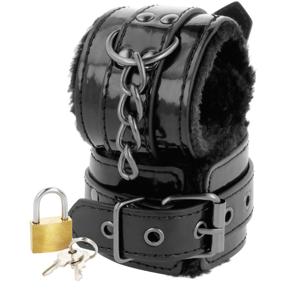 DARKNESS – BLACK ADJUSTABLE LEATHER HANDCUFFS WITH PADLOCK