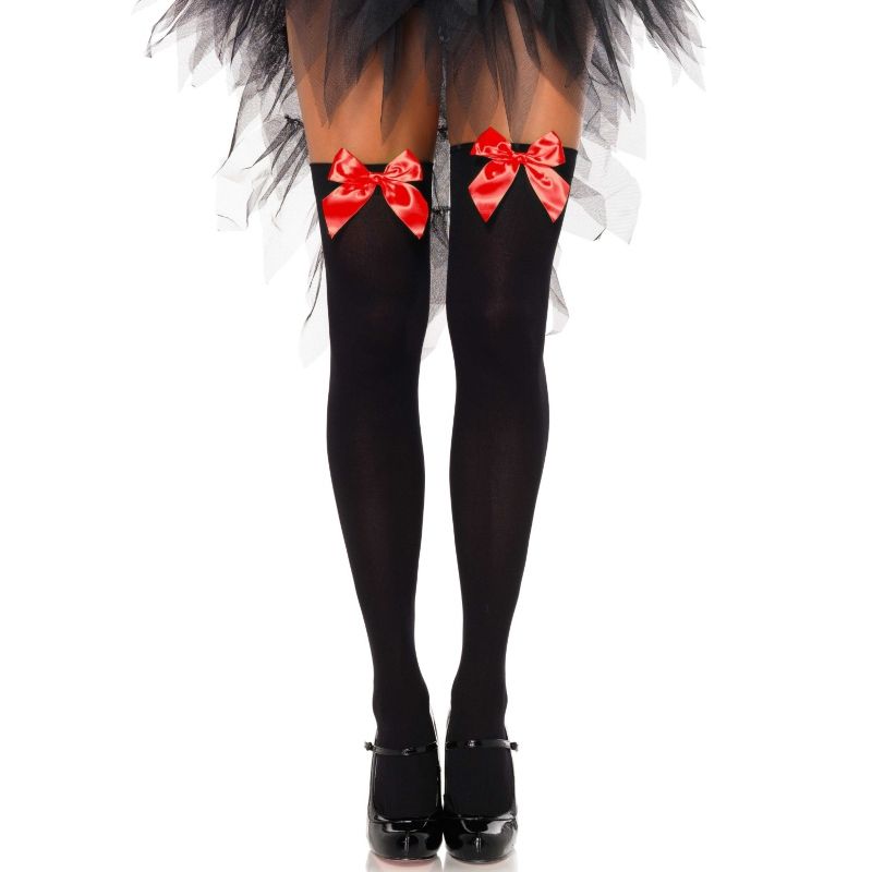 LEG AVENUE – BLACK NYLON THIGH HIGHS WITH RED BOW ONE SIZE