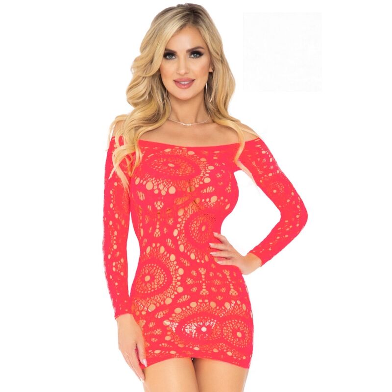 LEG AVENUE – CROCHET LACE LONG SLEEVE MINI DRESS RED ONE SIZE