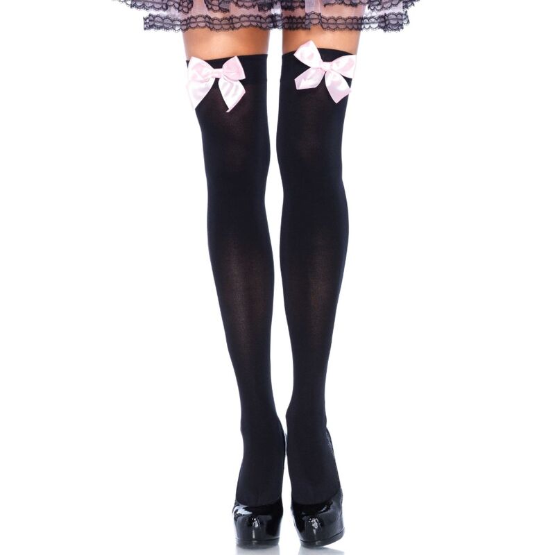 LEG AVENUE – BLACK NYLON THIGH HIGHS WITH PINK BOW ONE SIZE