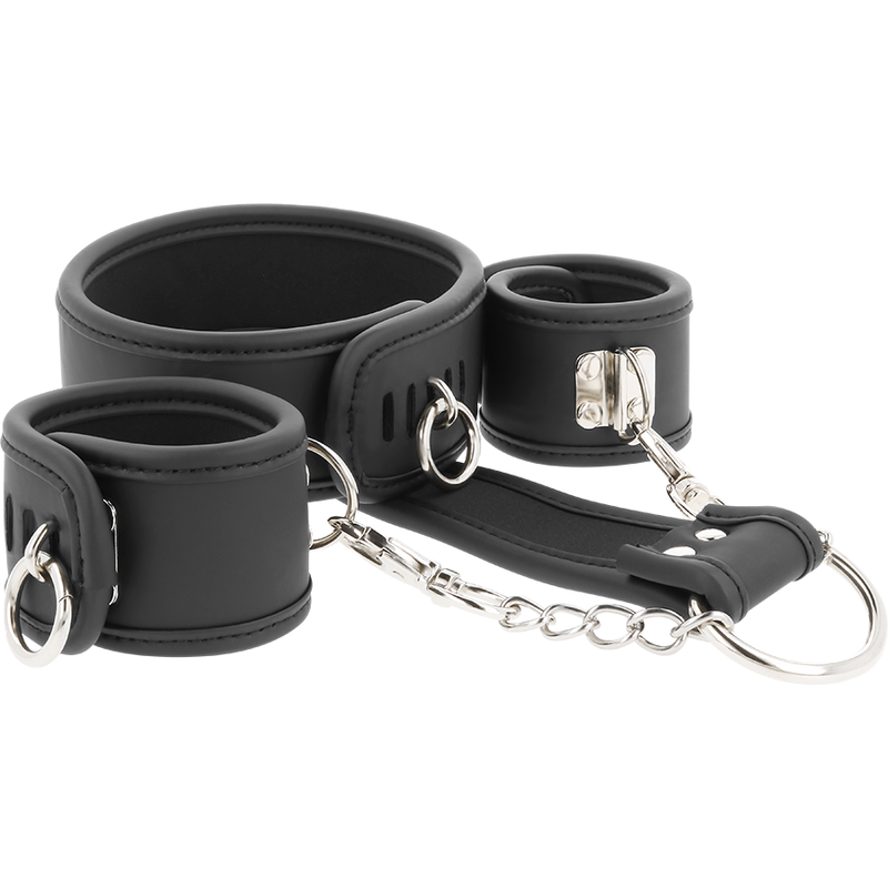 FETISH SUBMISSIVE – VEGAN LEATHER NECKLACE AND HANDCUFFS WITH NOPRENE LINING